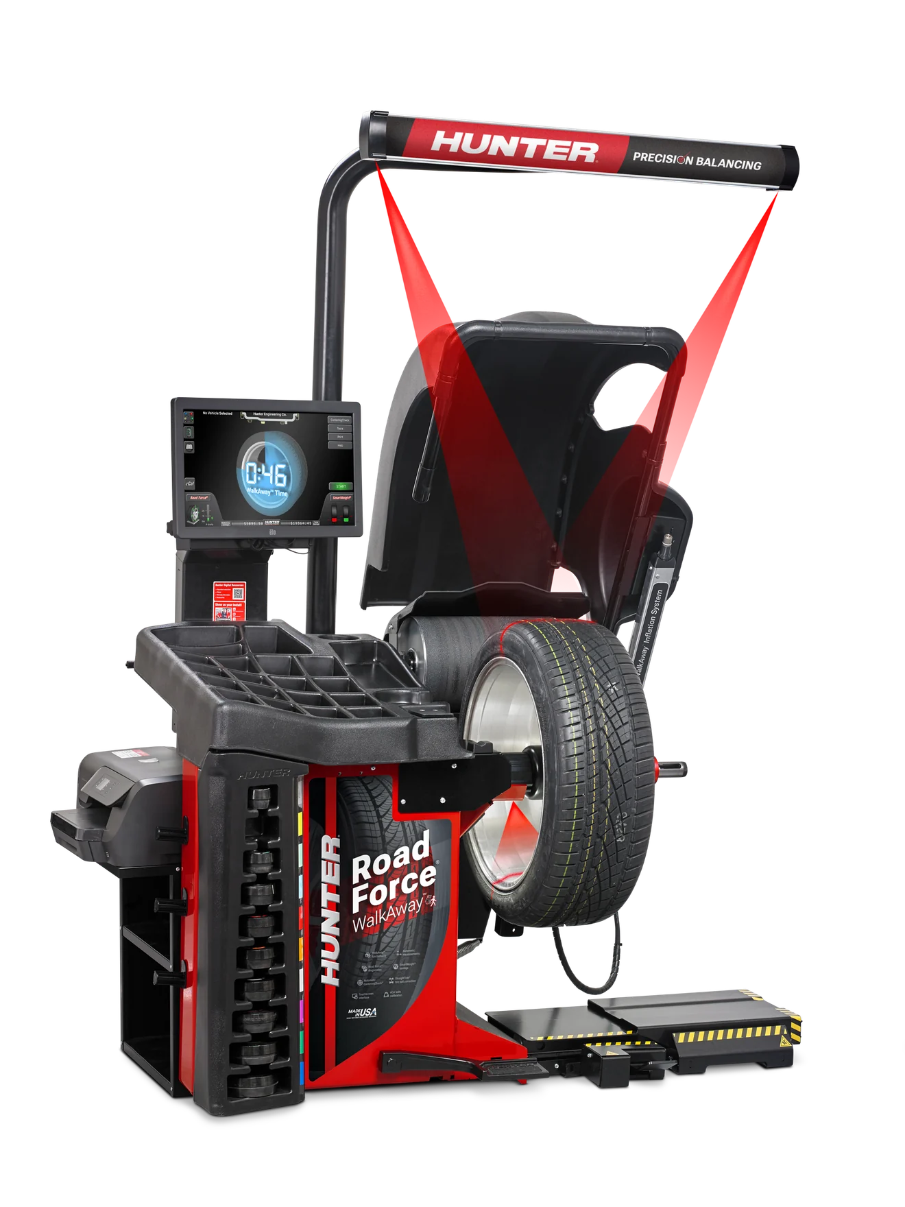 Auswuchtmaschine Hunter Road Force WalkAway mit aufgespanntem Rad